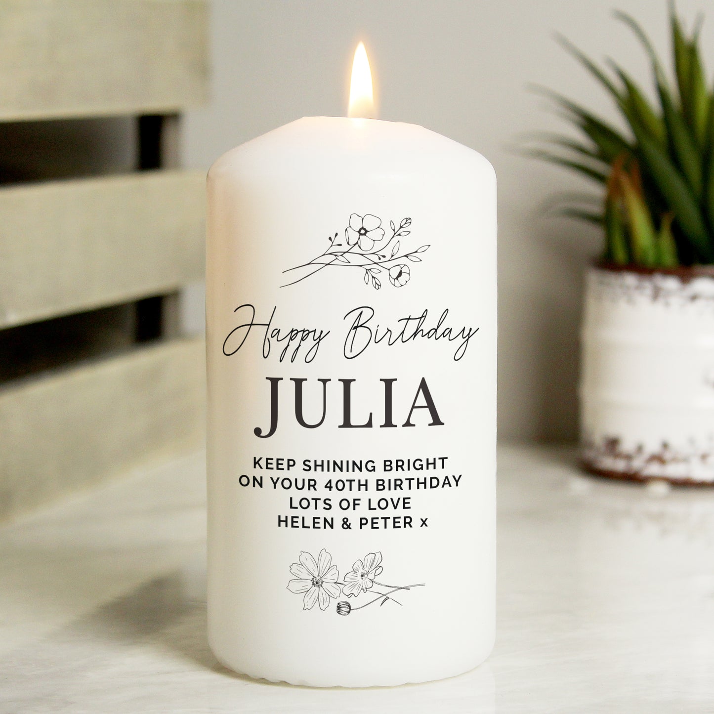 Personalised Simple Floral Pillar Candle