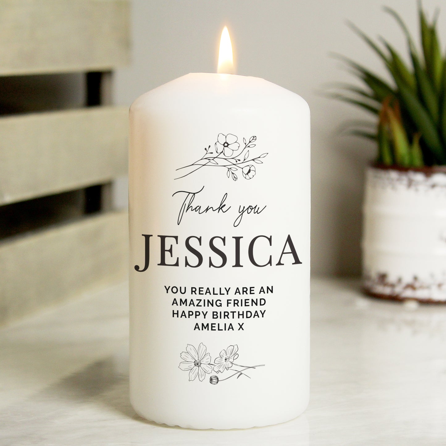 Personalised Simple Floral Pillar Candle