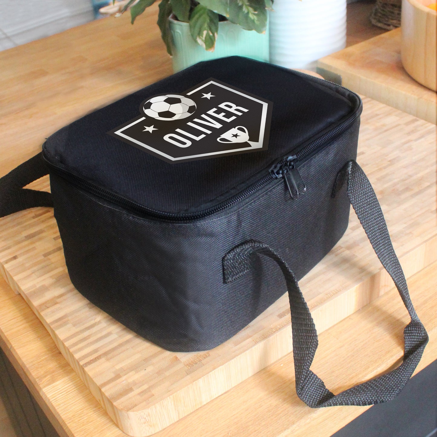 Personalised Football Black Lunch Bag