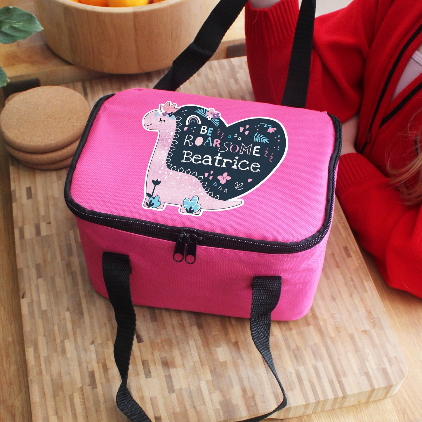 Personalised Be Roarsome Dinosaur Pink Lunch Bag