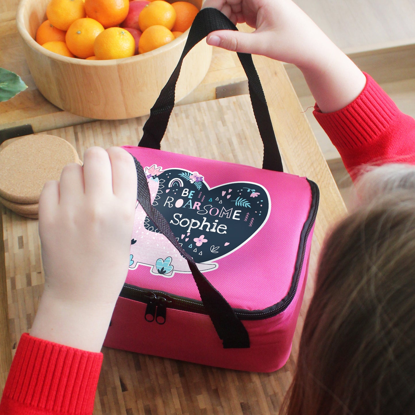 Personalised Be Roarsome Dinosaur Pink Lunch Bag