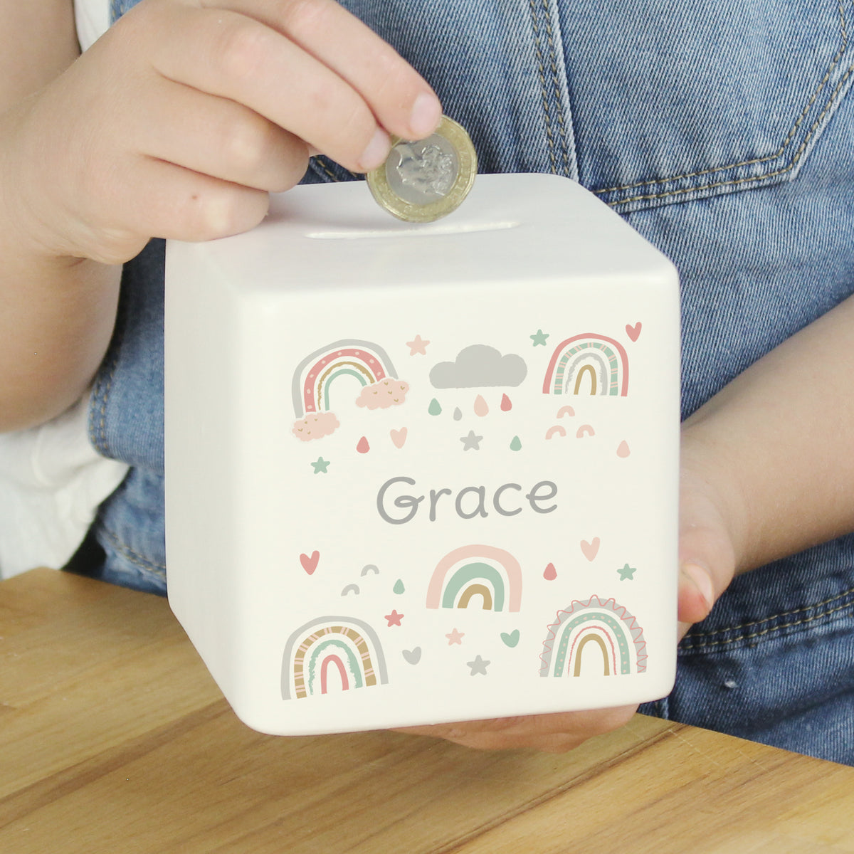 Machine Money Box Square Personalised Rainbow Ceramic Square Money Box – Red Shark Design
