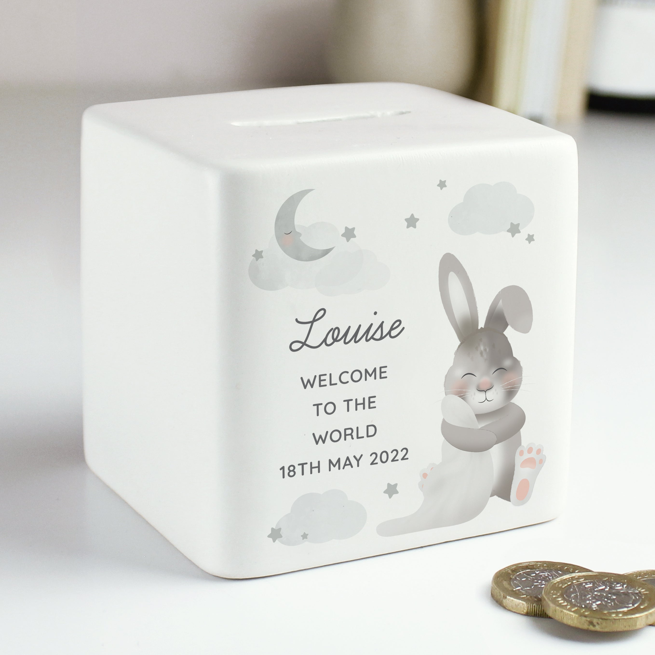 Sooty Rabbit Money Box Personalised Baby Bunny Ceramic Square Money Box – Red Shark Design