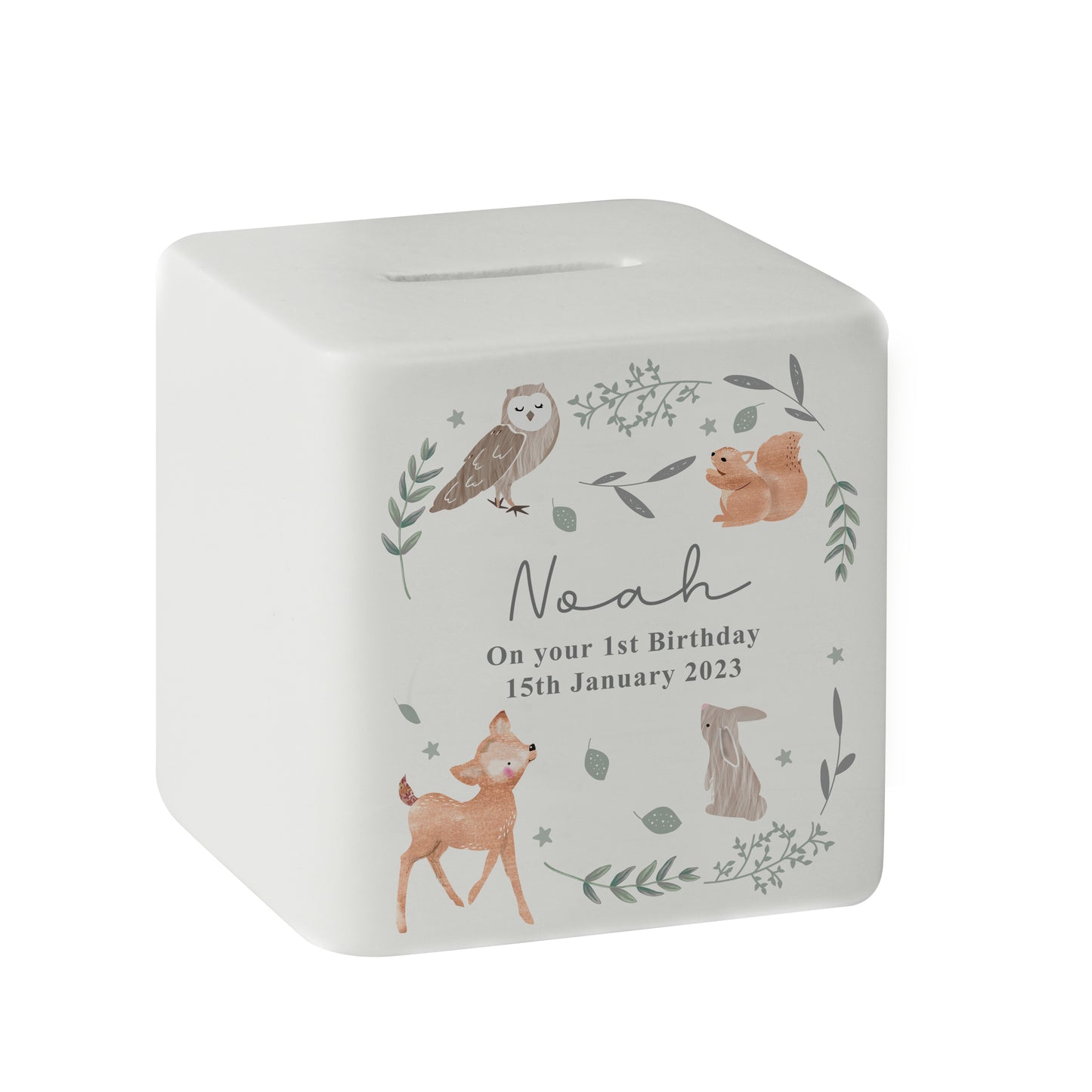 Personalised Woodland Animals Ceramic Square Money Box