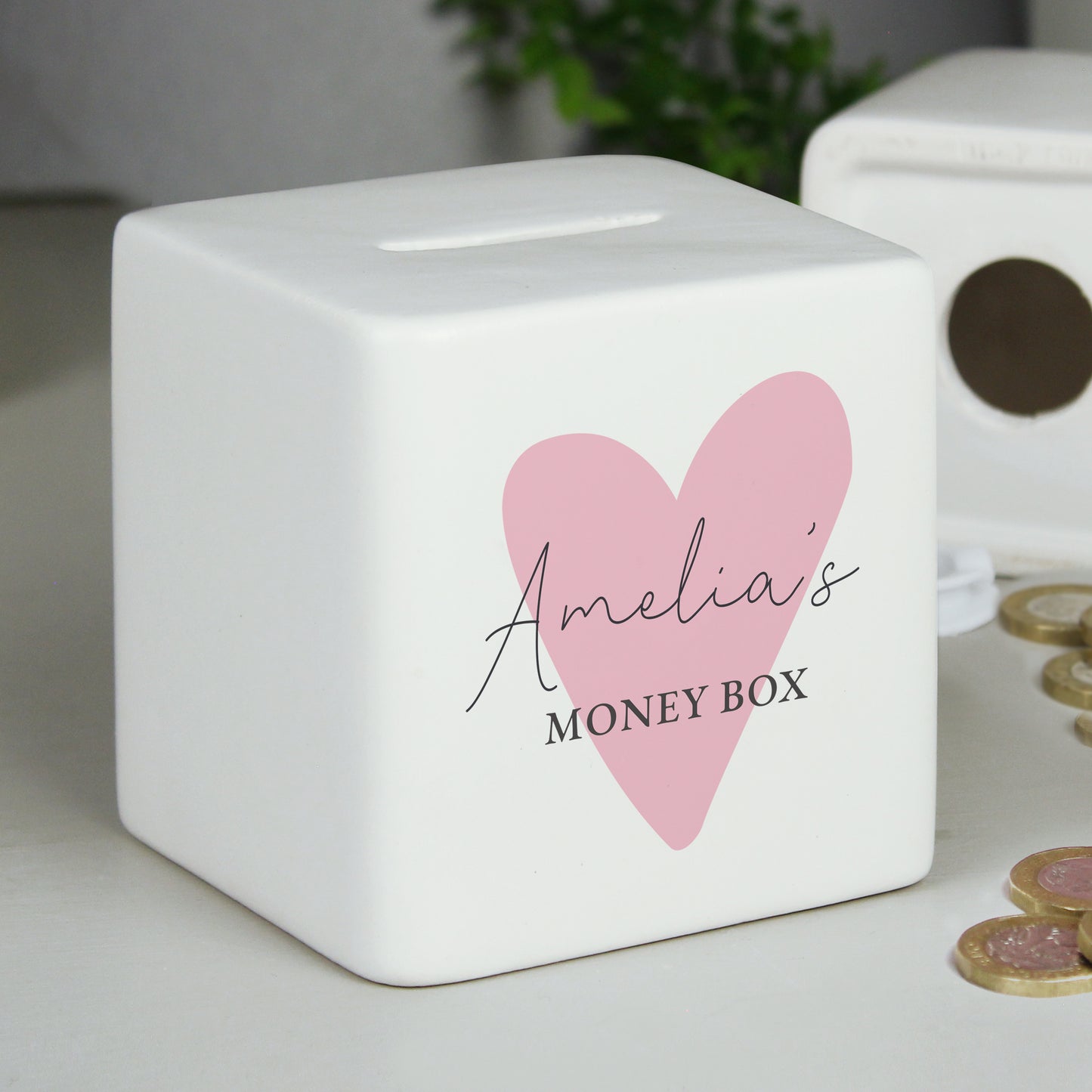 Personalised Pink Heart Ceramic Square Money Box