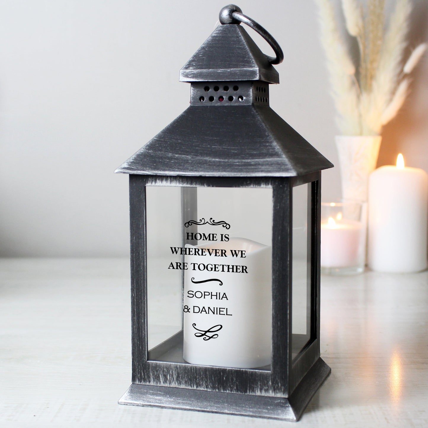 Personalised Antique Scroll Any Text Flickering Flame Lantern