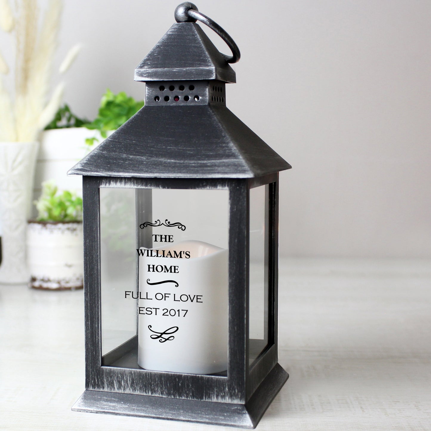 Personalised Antique Scroll Any Text Flickering Flame Lantern