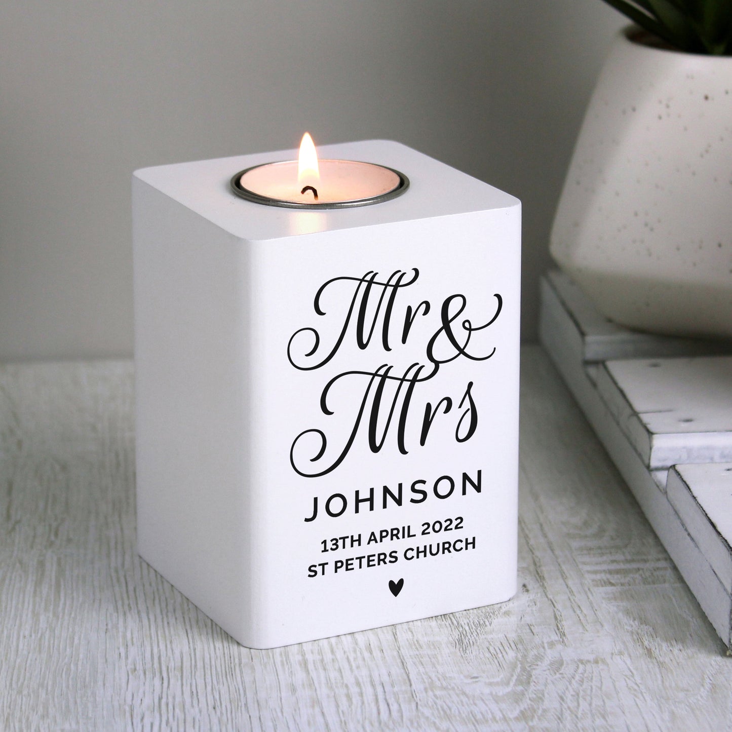 Personalised Mr & Mrs White Wooden Tea light Holder