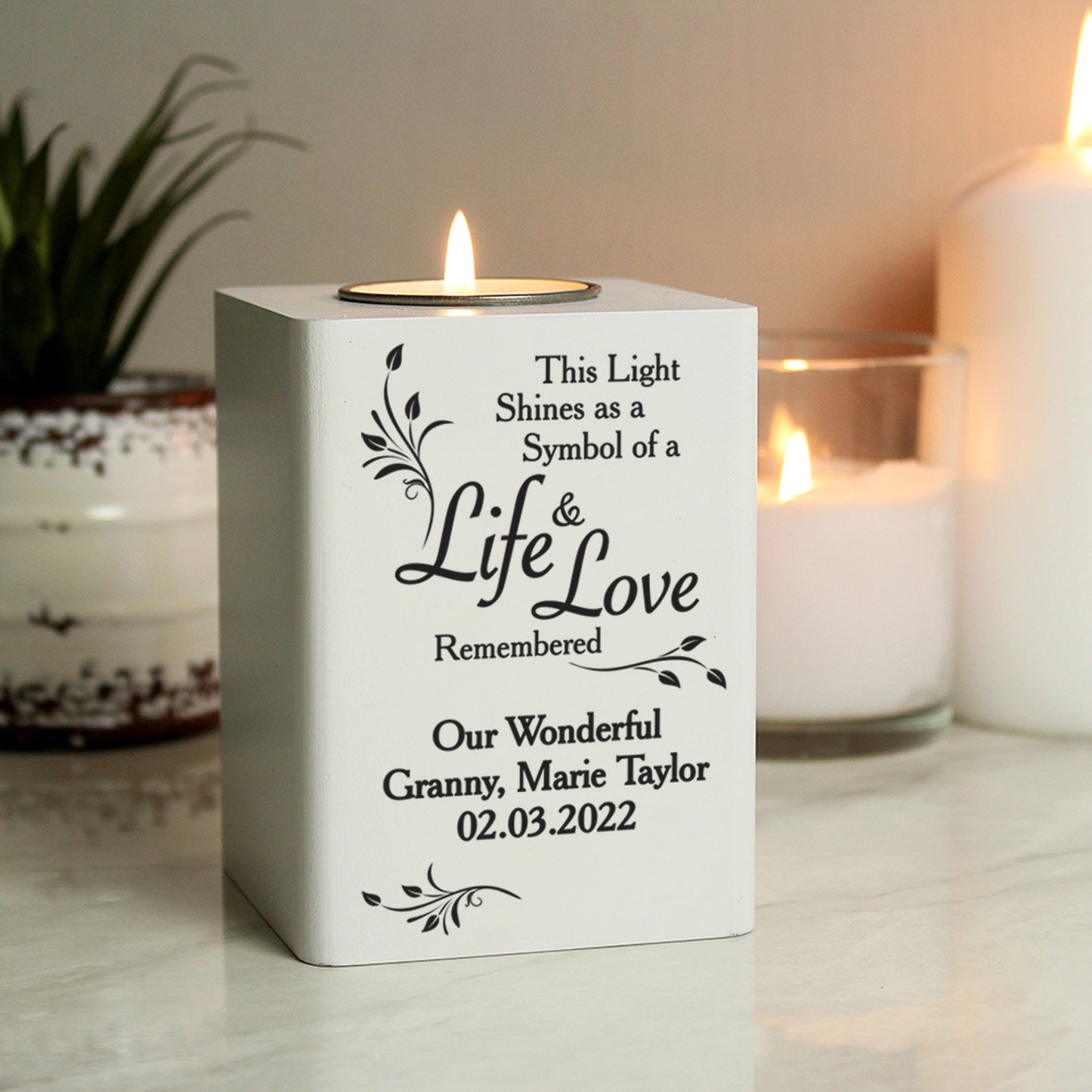 Personalised Life & Love White Wooden Tea Light Holder