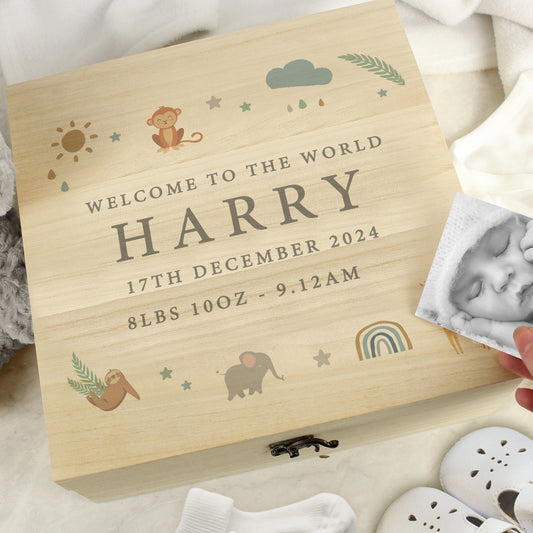 Personalised Safari Animals Large Wooden Keepsake Box