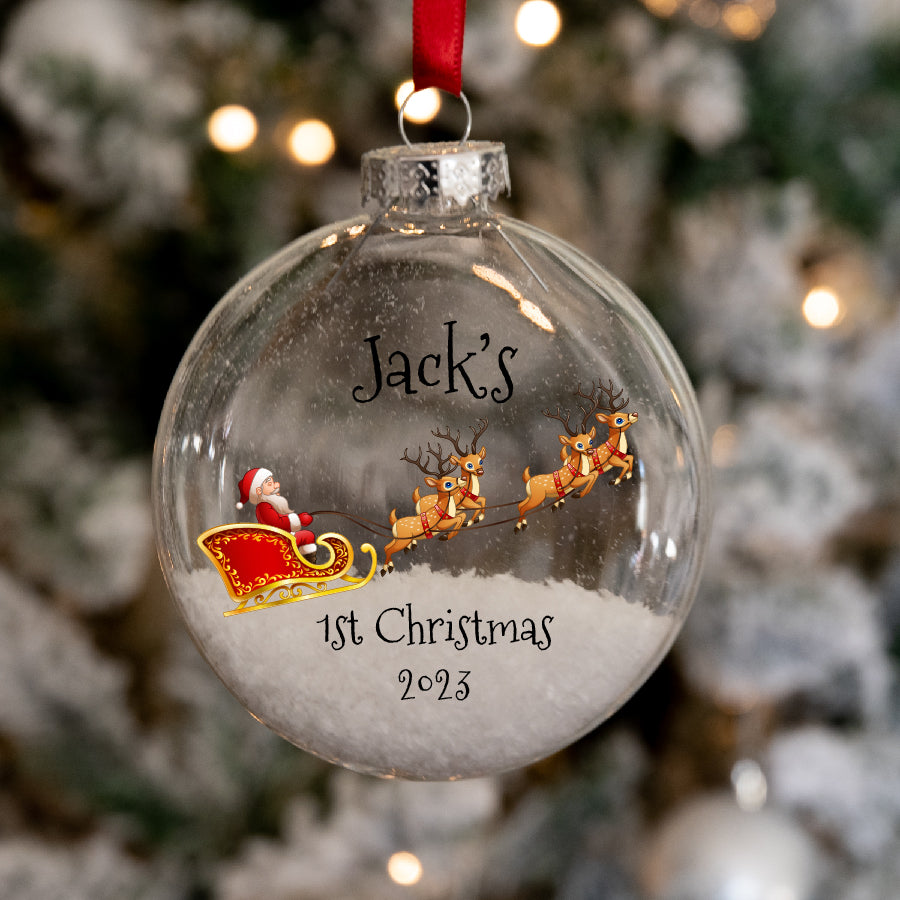 Santa's Sleigh Baby's 1st Christmas Round Glass Bauble Christmas Tree Decoration