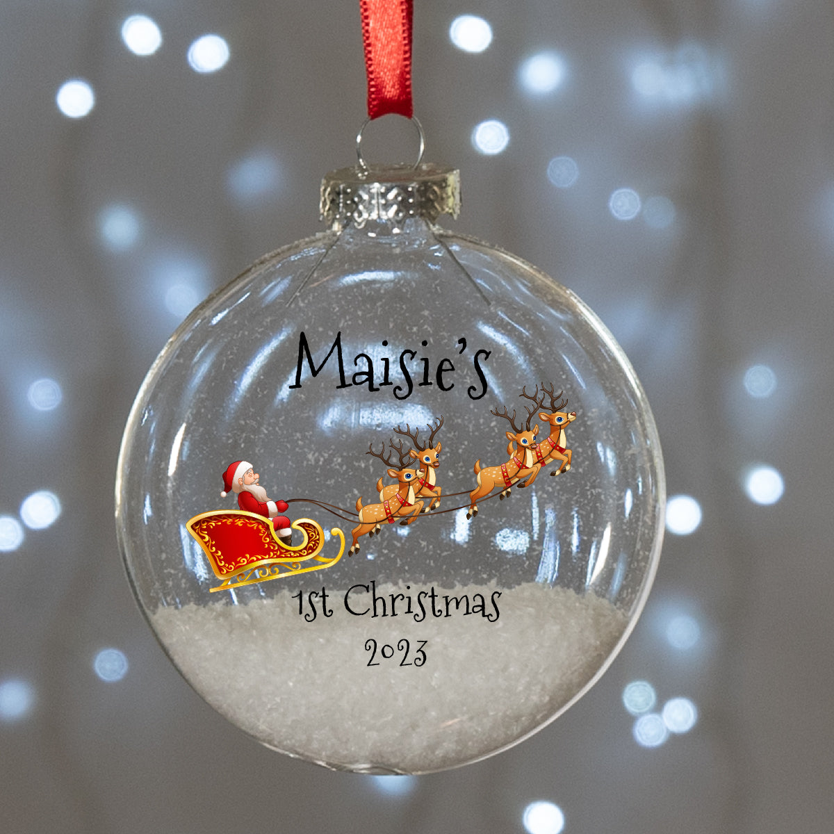 Santa's Sleigh Baby's 1st Christmas Round Glass Bauble Christmas Tree Decoration