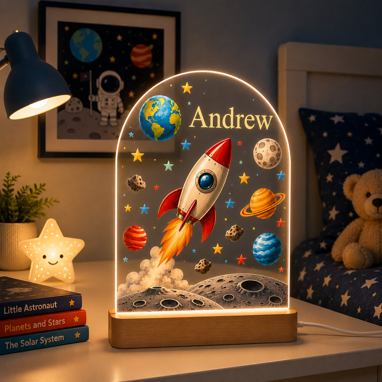 Personalised Rocket Night Light | Custom LED Nursery & Children's Bedroom Light
