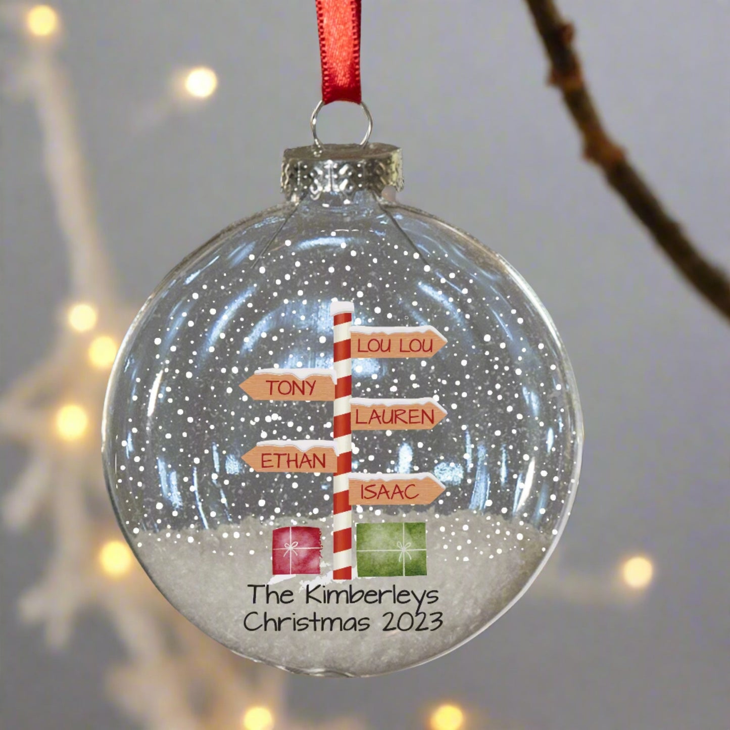 Personalised Stripy North Pole Family Glass Bauble Christmas Tree Ornament