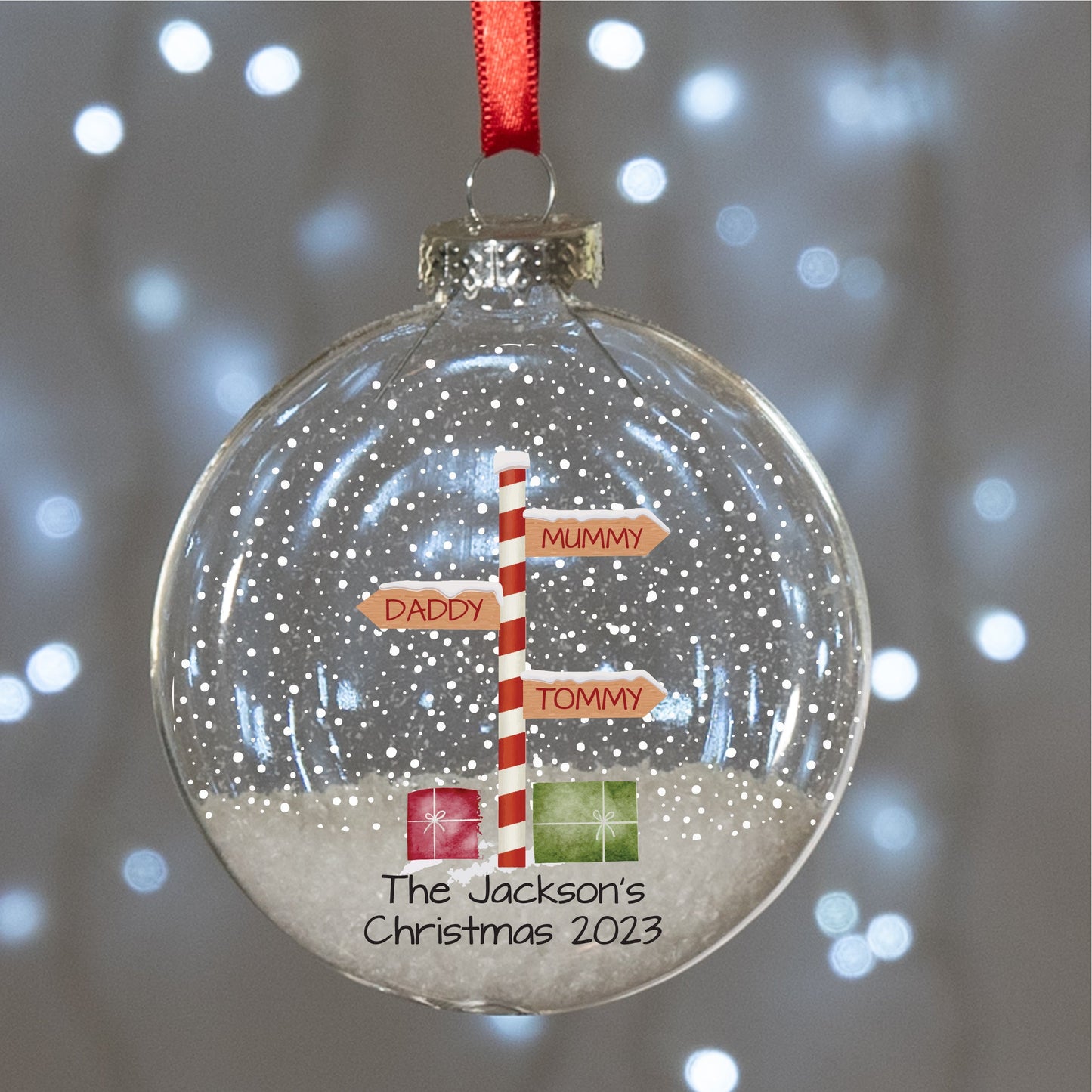 Personalised Stripy North Pole Family Glass Bauble Christmas Tree Ornament