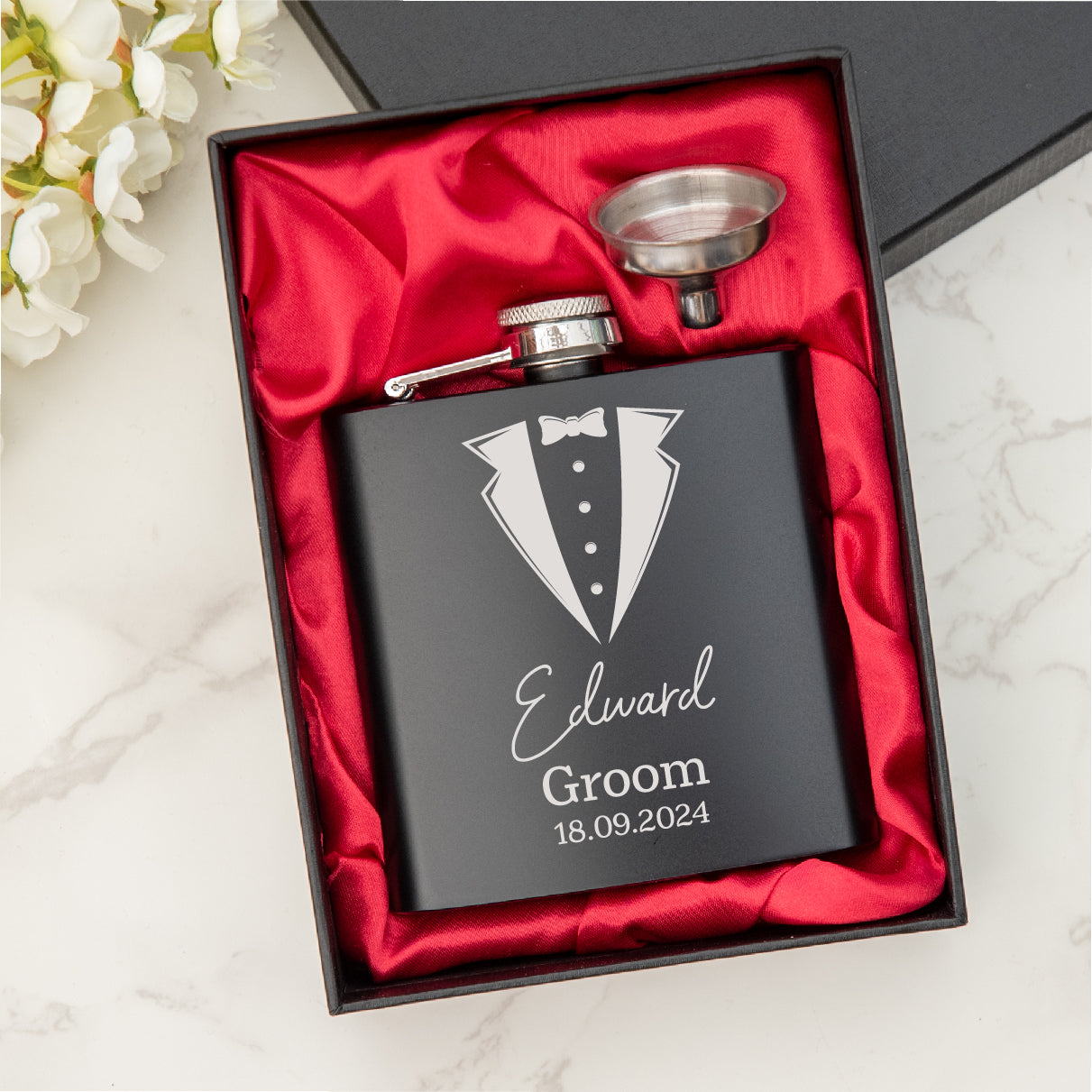 Personalised  Engraved  Tuxedo Hip Flask