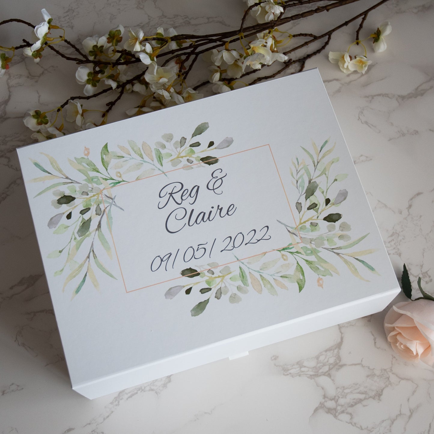 Personalised Watercolour Leaves Wedding Keepsake Gift Box