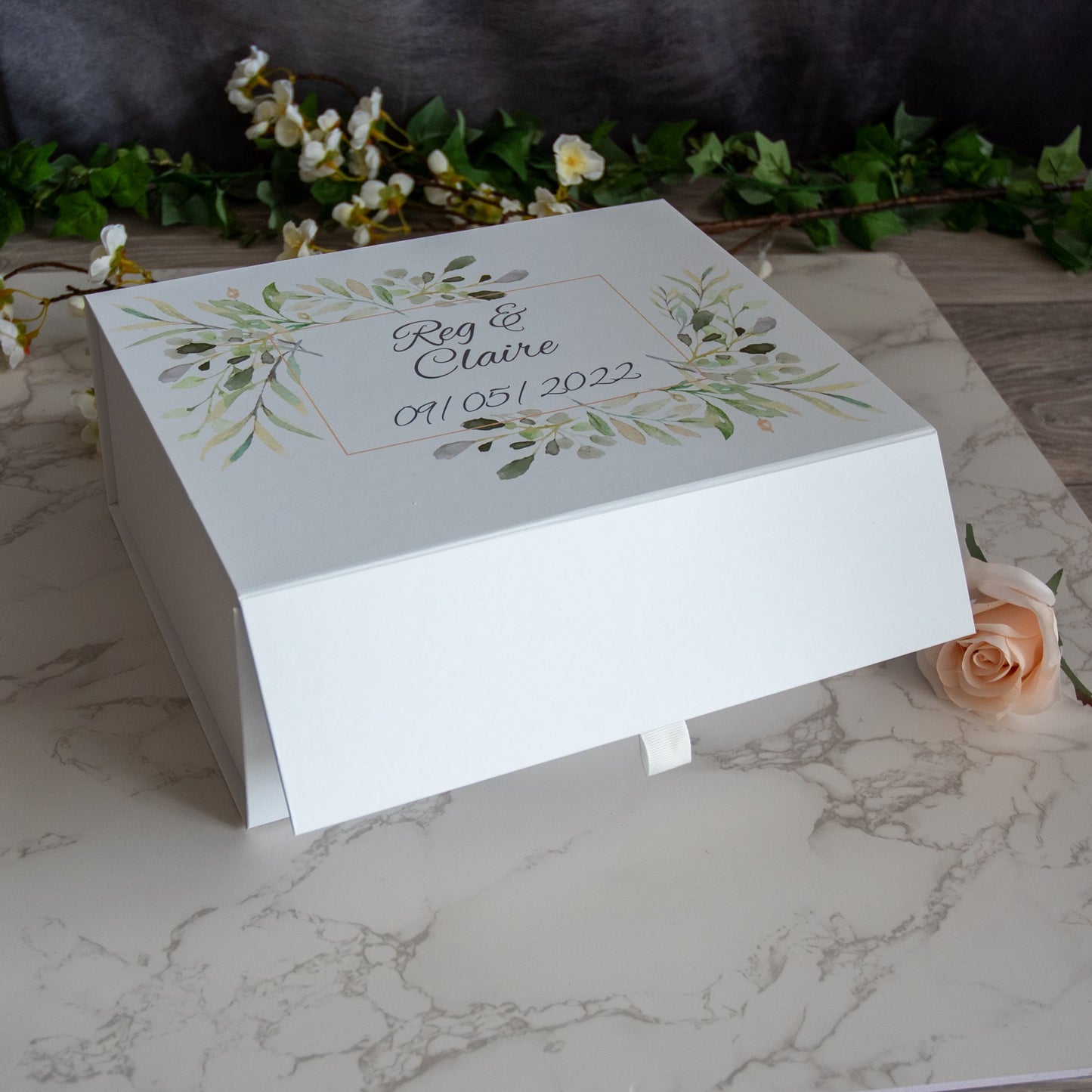 Personalised Watercolour Leaves Wedding Keepsake Gift Box