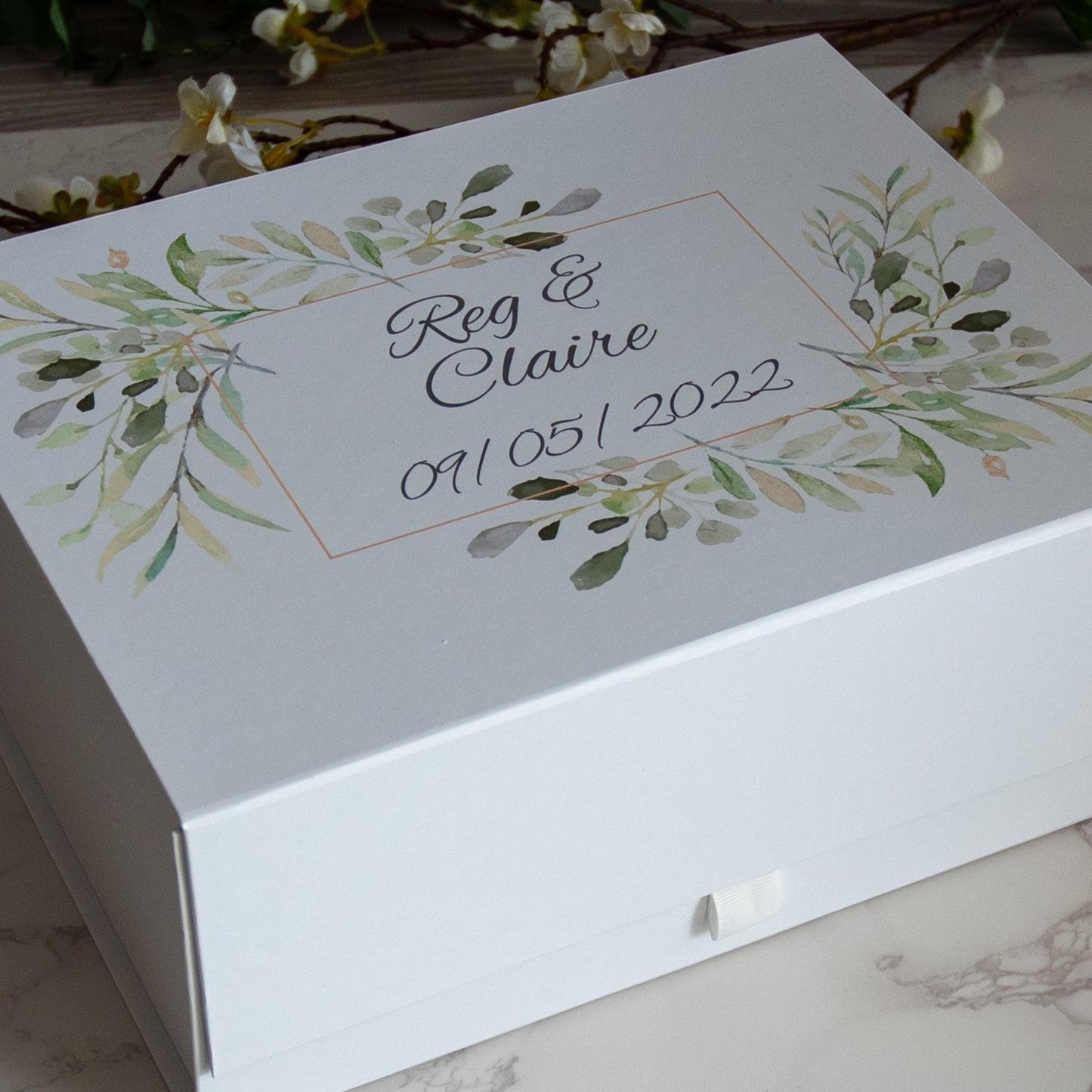 Personalised Watercolour Leaves Wedding Keepsake Gift Box