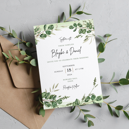 Printed Personalised Botanical Leaf Wedding Invitation