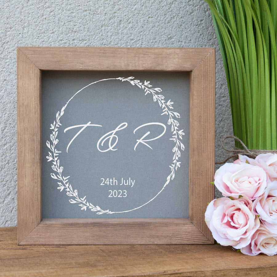 Personalised Initials & Date Leaf Wreath Initials Wooden Picture Frame