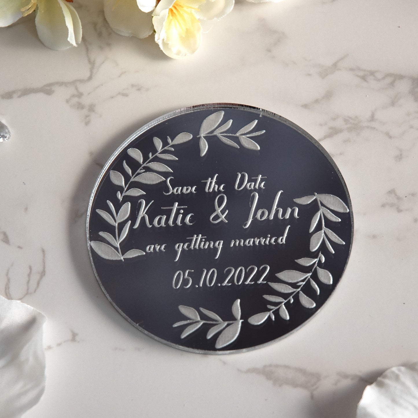 Personalised Mirror Round Acrylic Wedding Save The Date Magnets