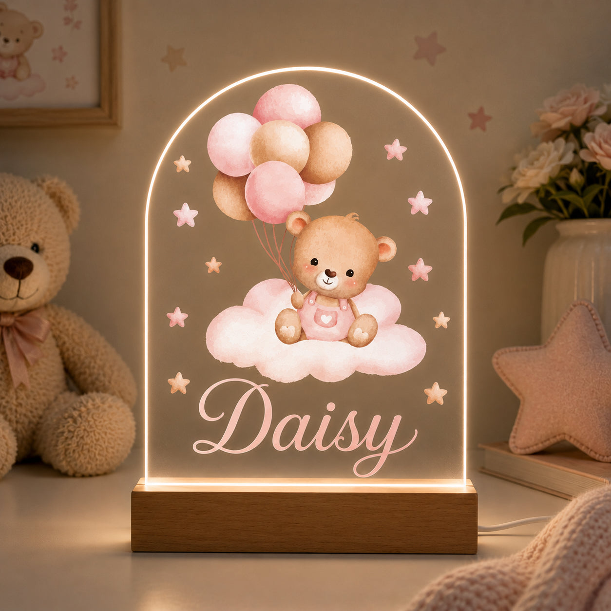 Personalised Teddy Bear & Balloons Night Light | New Baby, Christening & 1st Birthday Gift