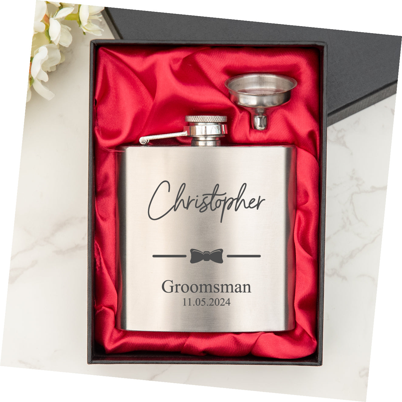 Personalised  Engraved  Bow Tie Hip Flask