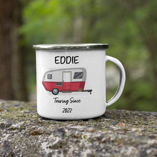 Personalised Caravan Touring Since Enamel Mug