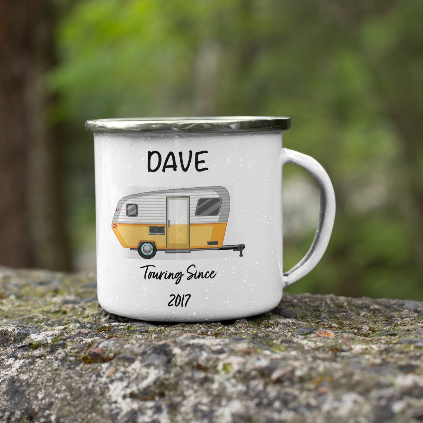 Personalised Caravan Touring Since Enamel Mug