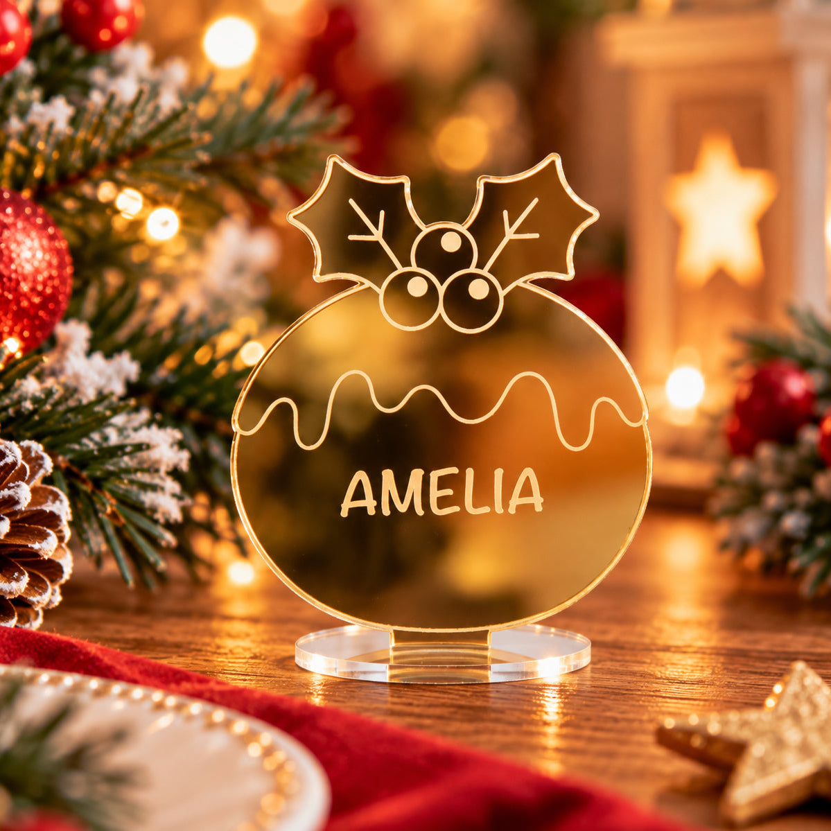 Personalised Christmas Pudding Mirror Acrylic Table Place Names
