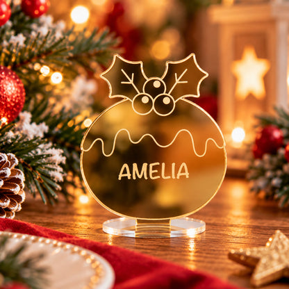 Personalised Christmas Pudding Mirror Acrylic Table Place Names