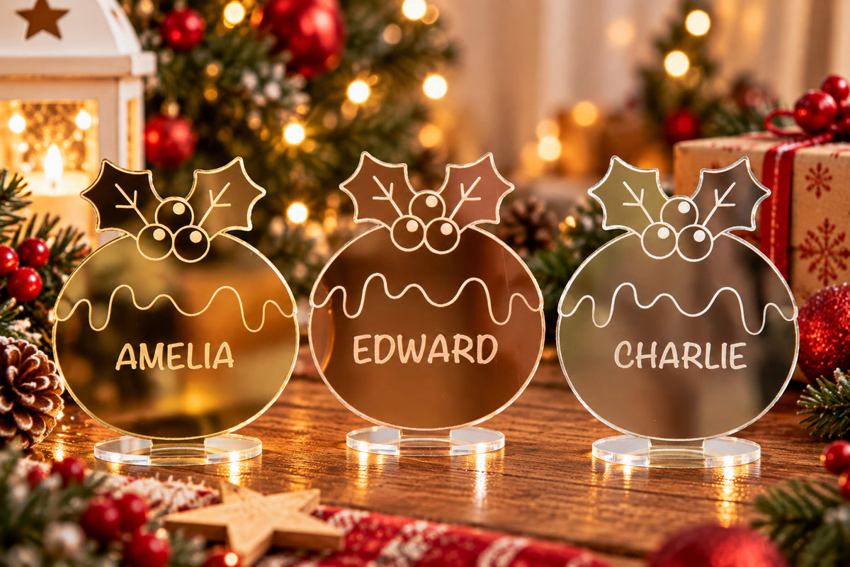 Personalised Christmas Pudding Mirror Acrylic Table Place Names