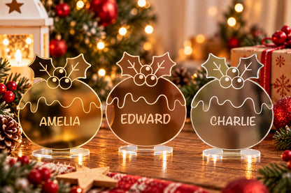 Personalised Christmas Pudding Mirror Acrylic Table Place Names