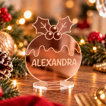 Personalised Christmas Pudding Mirror Acrylic Table Place Names