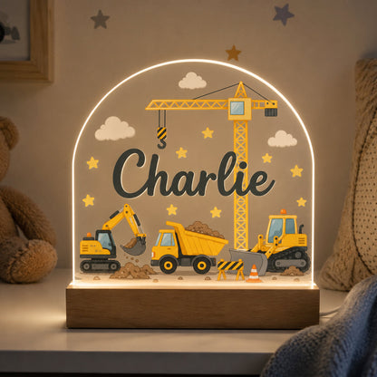 Personalised Construction Digger Night Light | Baby Boy Nursery Decor, New Baby, Christening & 1st Birthday Gift