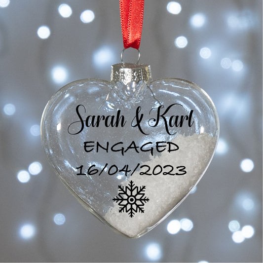 Personalised Engagement Gift Glass Heart Bauble Christmas Tree Ornament