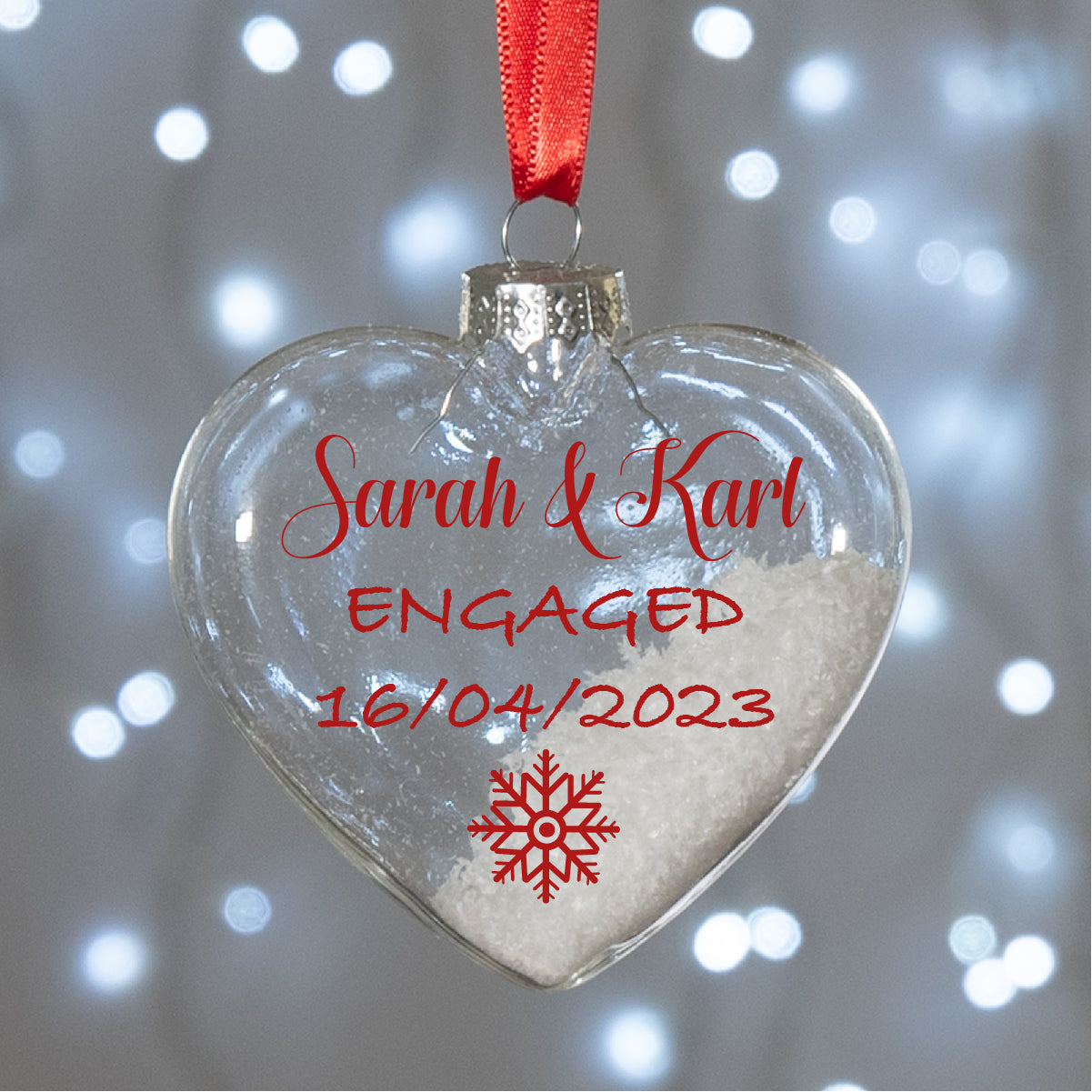 Personalised Engagement Gift Glass Heart Bauble Christmas Tree Ornament