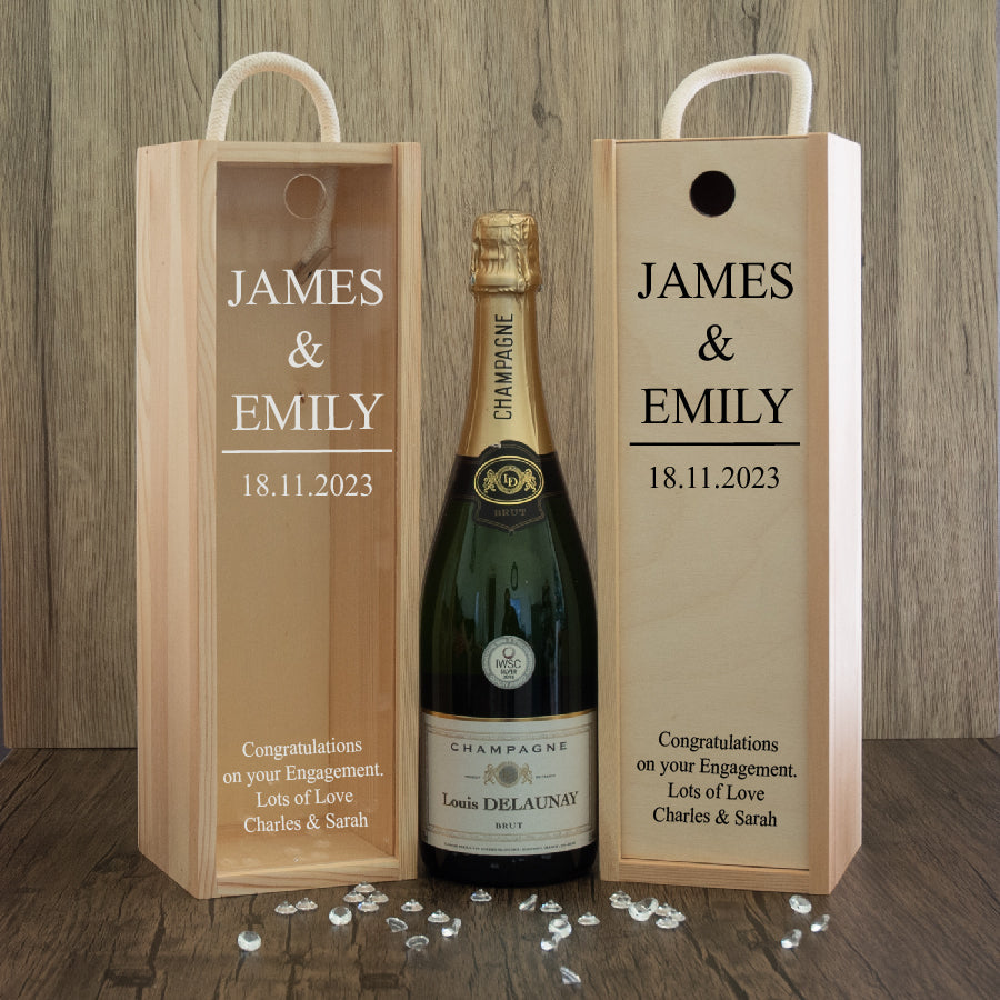 Personalised Engagement Couples Name and Date Design Wooden Bottle Box