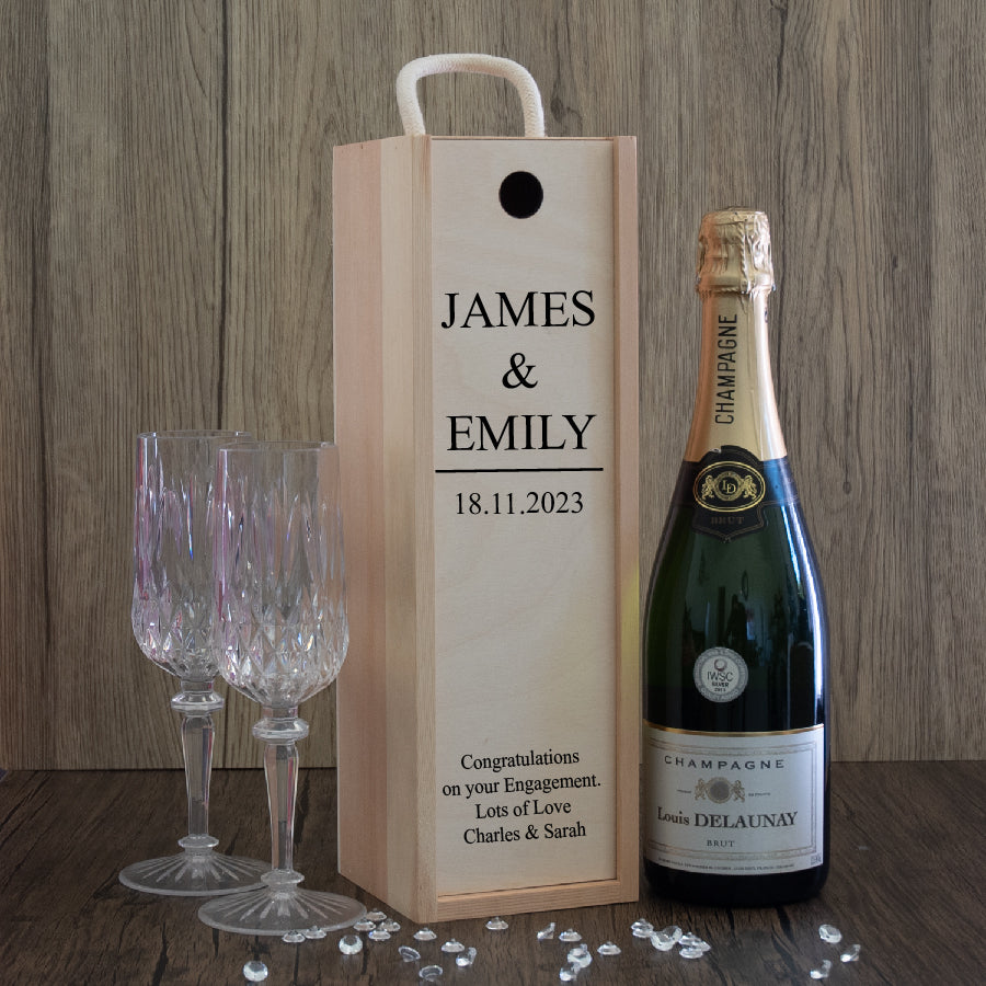 Personalised Engagement Couples Name and Date Design Wooden Bottle Box