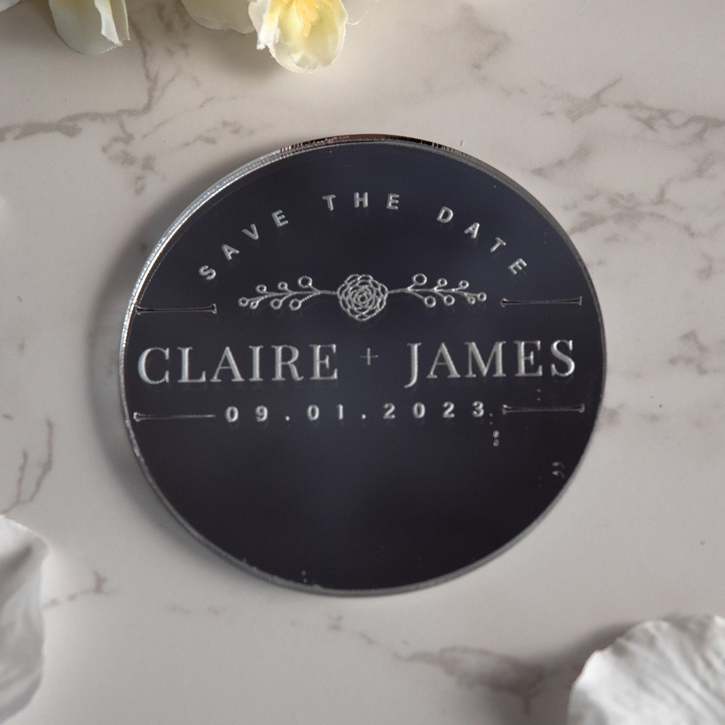 Personalised Mirror Simple Floral Round Acrylic Wedding Save The Date Magnets