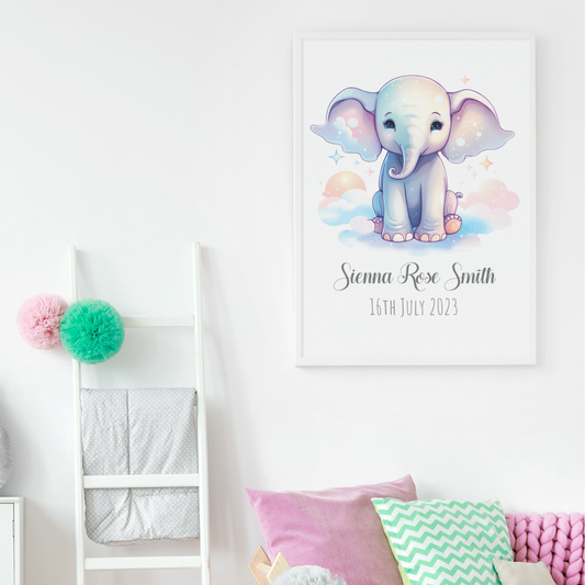 Personalised Watercolour Elephant New Baby Wall Print