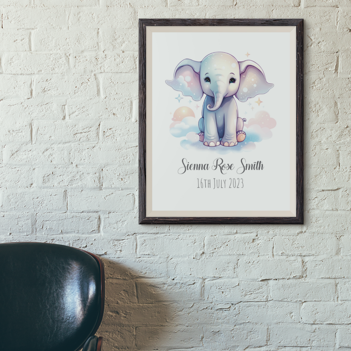 Personalised Watercolour Elephant New Baby Wall Print