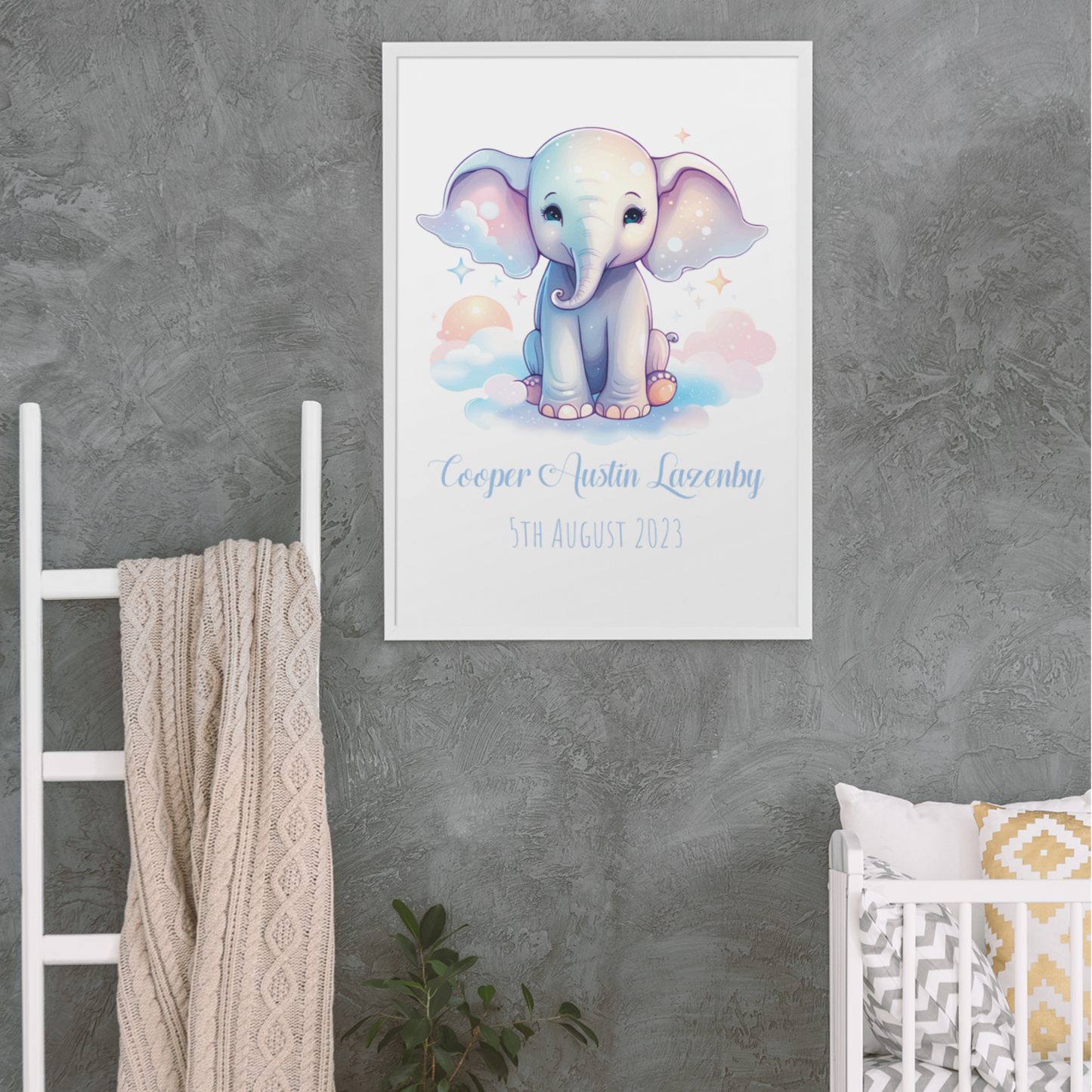 Personalised Watercolour Elephant New Baby Wall Print