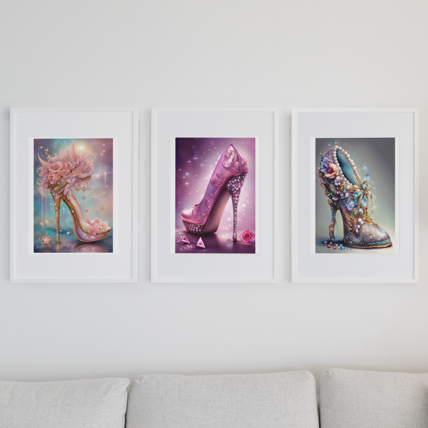 Set of 3 Heeled Shoe Wall Art Framed Pictures