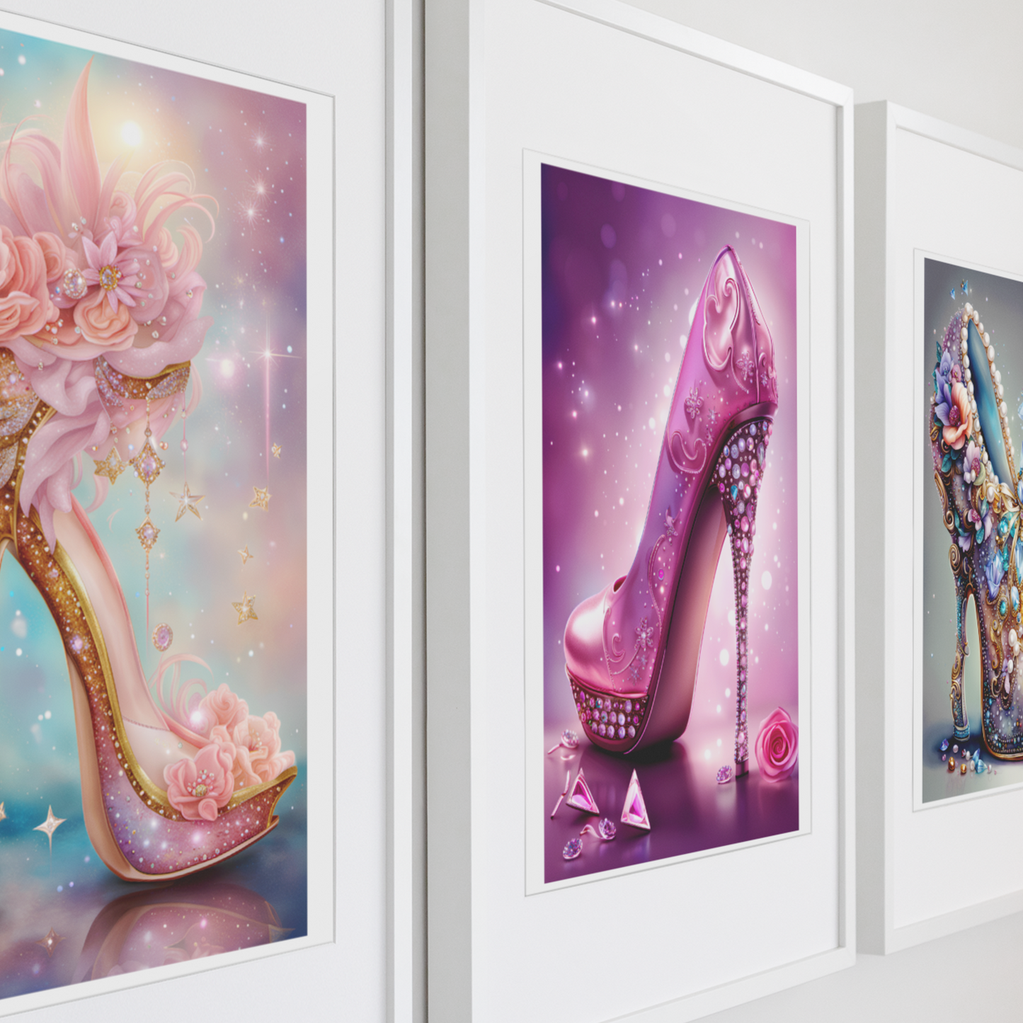 Set of 3 Heeled Shoe Wall Art Framed Pictures