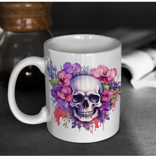 Personalised Pink and Purple Floral Halloween Skull Ceramic Mug