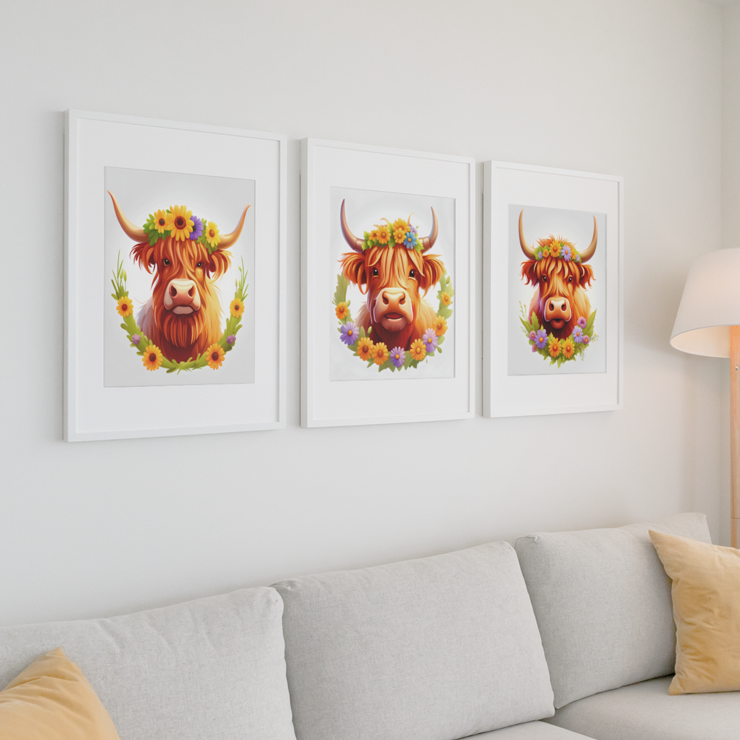 Set of 3 Highland Cow Flower Wall Art Framed Pictures