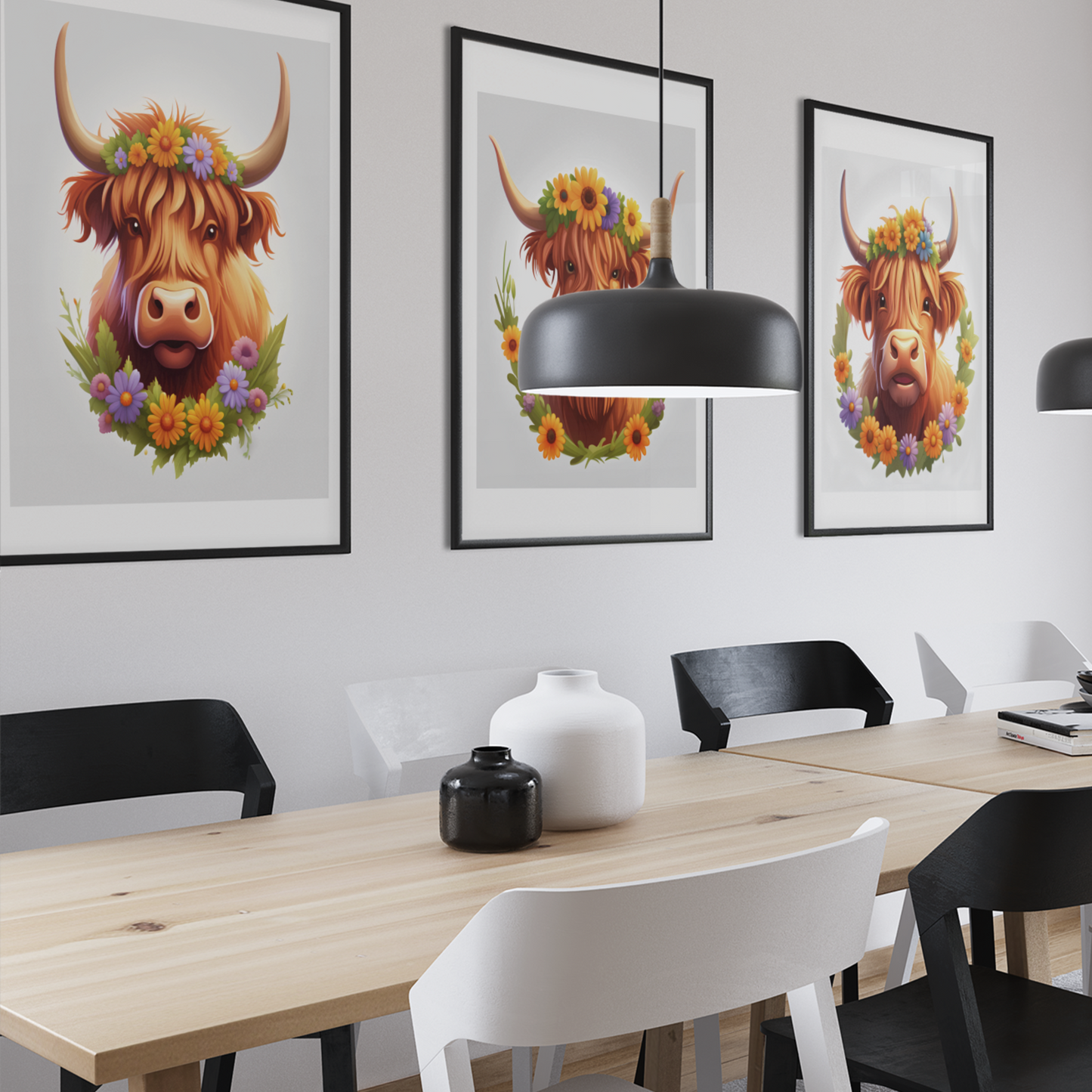 Set of 3 Highland Cow Flower Wall Art Framed Pictures