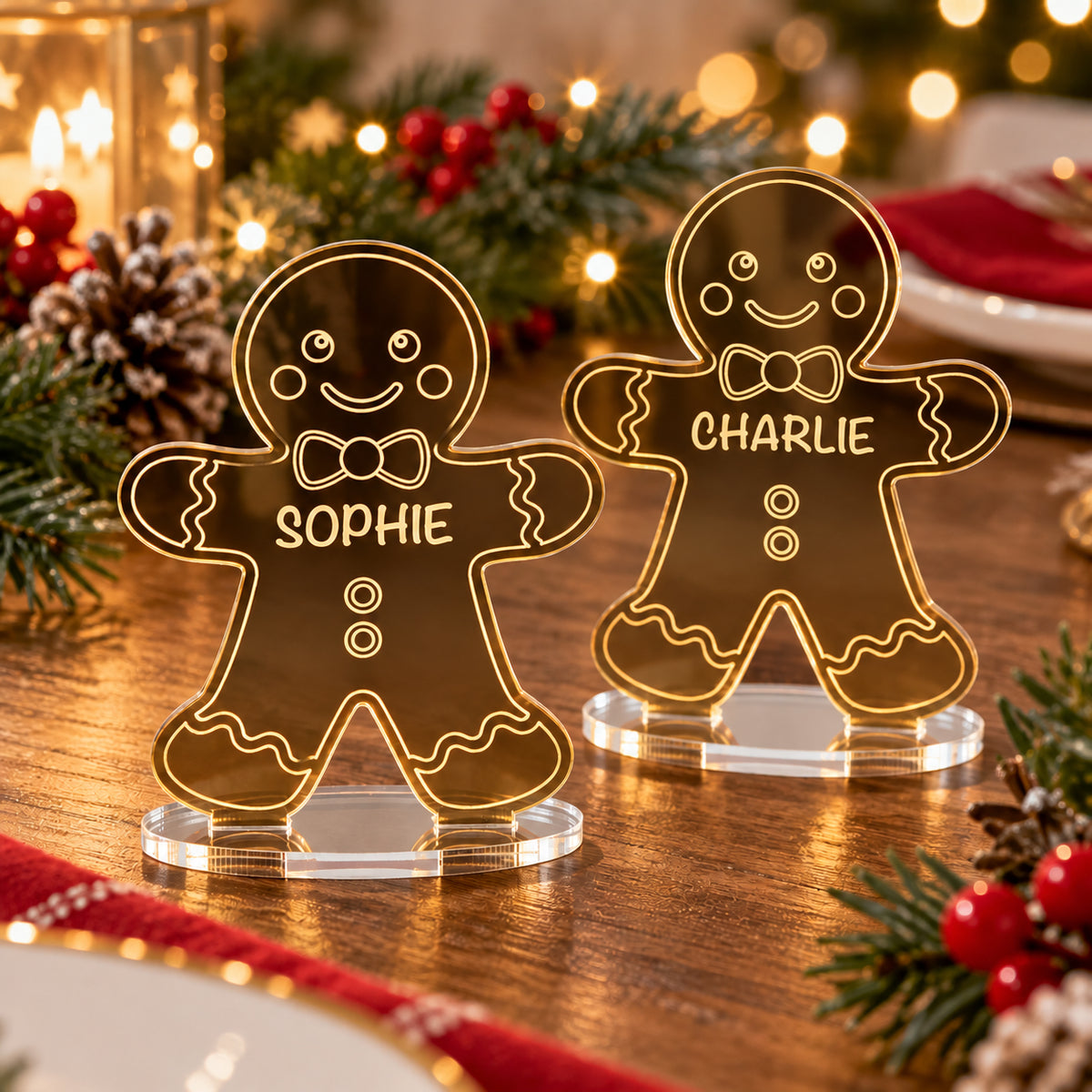 Personalised Christmas Gingerbread Man Mirror Acrylic Table Place Names